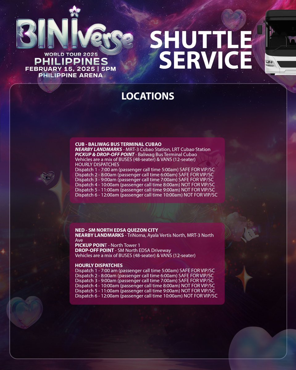 StarMusicPH's tweet photo. BEEP! BEEEP! Byaheng PH Arena po! 🚌🌸

BLOOMs! Don't miss the fun kahit nasa bus ka palang papunta sa BINIverse World Tour: Philippines sa PH Arena this February 15! 

Check out the FAQs and book your Roundtrip Shuttle Service - just go to 🔗https://t.co/Co7jZucM7p and read all the guidelines! Ticketing opens today at 4PM! 🤩

You can still secure your concert tickets at https://t.co/EluNLNfUF2 and https://t.co/N4hoDVSWZ0! 

#BINIWT2025 #BINI #BINIWorldTour #BINIWTPh #BINIverseWorldTourPh #ABSCBNEvents #ABSCBNMusic