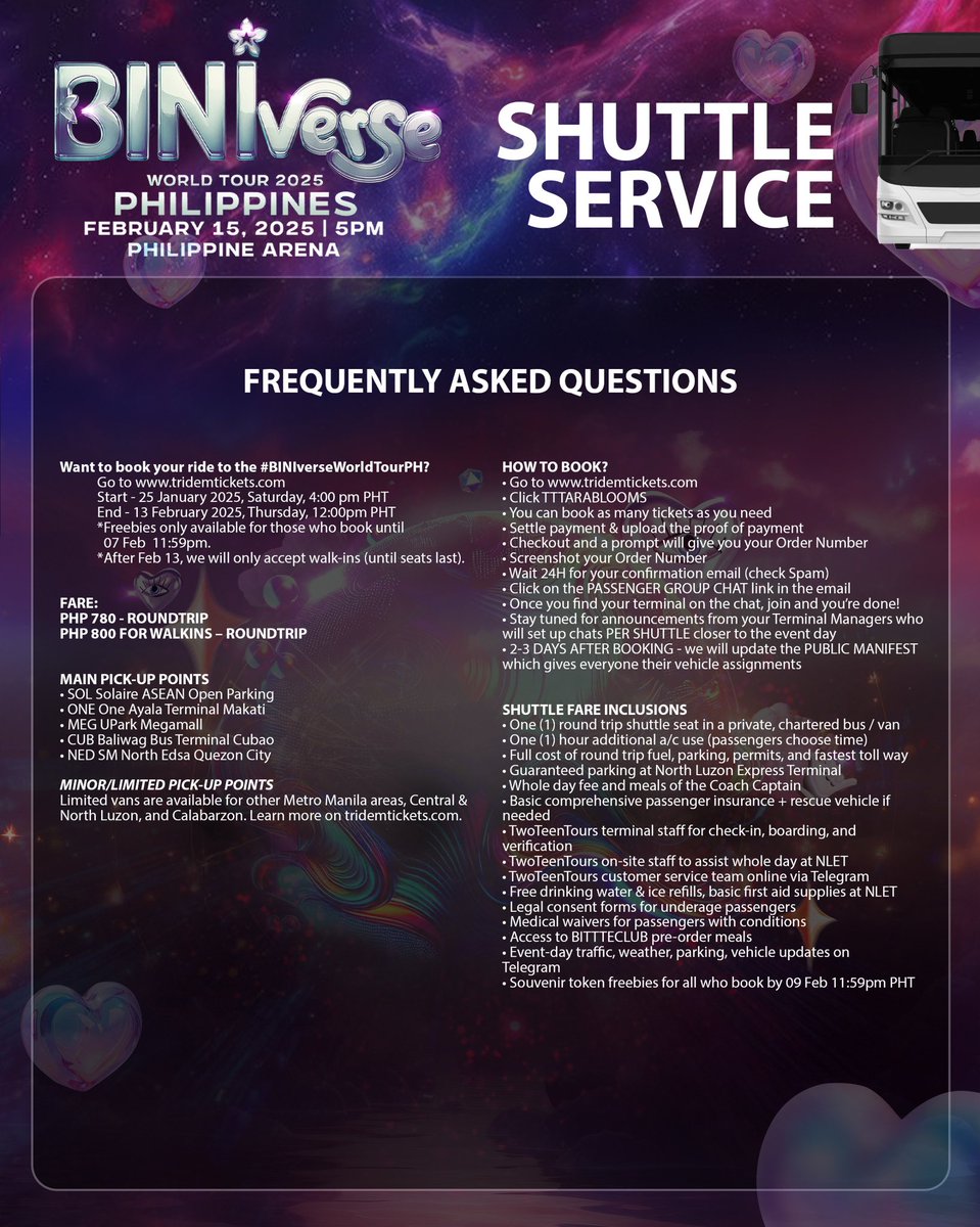 StarMusicPH's tweet photo. BEEP! BEEEP! Byaheng PH Arena po! 🚌🌸

BLOOMs! Don't miss the fun kahit nasa bus ka palang papunta sa BINIverse World Tour: Philippines sa PH Arena this February 15! 

Check out the FAQs and book your Roundtrip Shuttle Service - just go to 🔗https://t.co/Co7jZucM7p and read all the guidelines! Ticketing opens today at 4PM! 🤩

You can still secure your concert tickets at https://t.co/EluNLNfUF2 and https://t.co/N4hoDVSWZ0! 

#BINIWT2025 #BINI #BINIWorldTour #BINIWTPh #BINIverseWorldTourPh #ABSCBNEvents #ABSCBNMusic