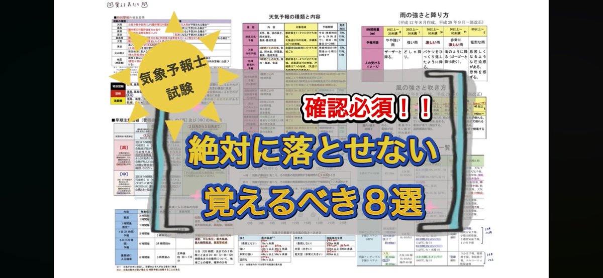 iris_navigation's tweet photo. いよいよ明日は気象予報士試験ですね、最終日何を勉強したらいいか迷っている方、ぜひこちらを！🔥🔥🔥
「絶対に落とせない覚えるべき8選」を動画にしています。
予報業務は日進月歩でルール変更も度々あります。最後の追い込み、是非ご参考に🐿️🌈 
https://t.co/MlBfmpkCB1 https://t.co/4GgB0zS5xD