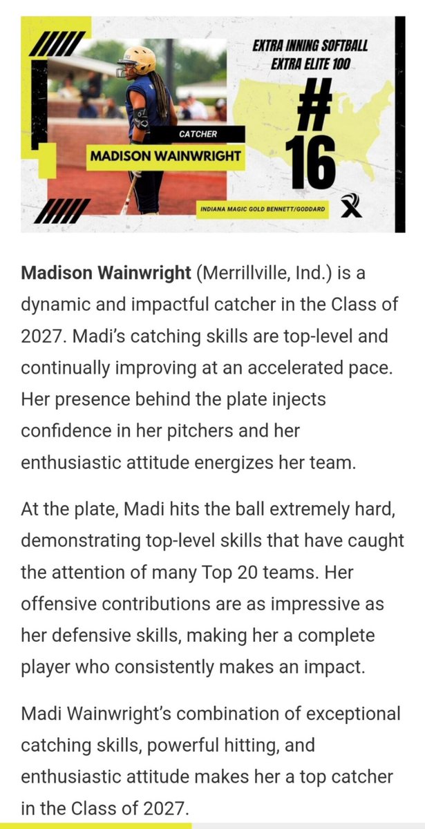 Madi_Wainwright's tweet photo. I am so Honored to be Ranked #16 Catcher by @ExtraInningSB Extra Elite 100! A Huge Thank You to All My Coaches, Trainers & TEAMmates for All of Their Help & Support! I โฅ๏ธ๐ฅ & I โฅ๏ธ Being A Catcher! I Am Dedicated to #GettingBetterStrongerDaily #GoldBlooded #weareLC @IMG08BenGod @LakeCentralSB @LCIndians @Carter2698 @rachelfolden25 @JUAthleticsLife @AcceleratedFas1 @champmindcoach @b_murray @MarkPorter23LC @Couch_Chronicle @ScottBL97108064 @ondecksoftball @MichaelOsipoff @MaxPreps @SCAIndiana @usatodayhss