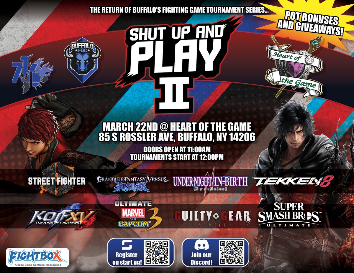 BuffaloFGC's tweet photo. We are excited to announce @FightBoxArcade_ has graciously sent us some exciting product to give away at our upcoming regional - Shut Up And Play 2, in Buffalo NY on 3/22!
Remember to sign up, earlybird discount ends next week! 🦬 🦬 🦬
https://t.co/RNeicEbZAq
#SUAP2 #BFGC https://t.co/0EolwXNptM