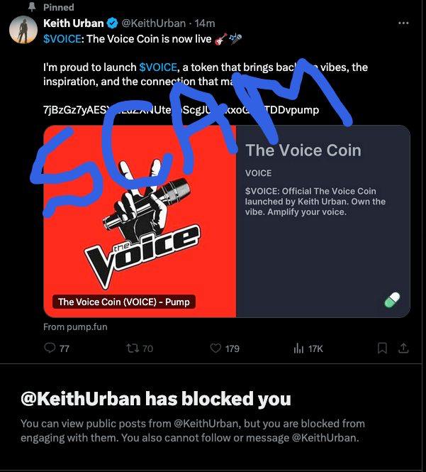 septengineering's tweet photo. Hacking of @KeithUrban X account is confirmed, LOL. He blocked me for reporting  $VOICE RUG-hacker-coin 😂 https://t.co/63a6pD1fS8