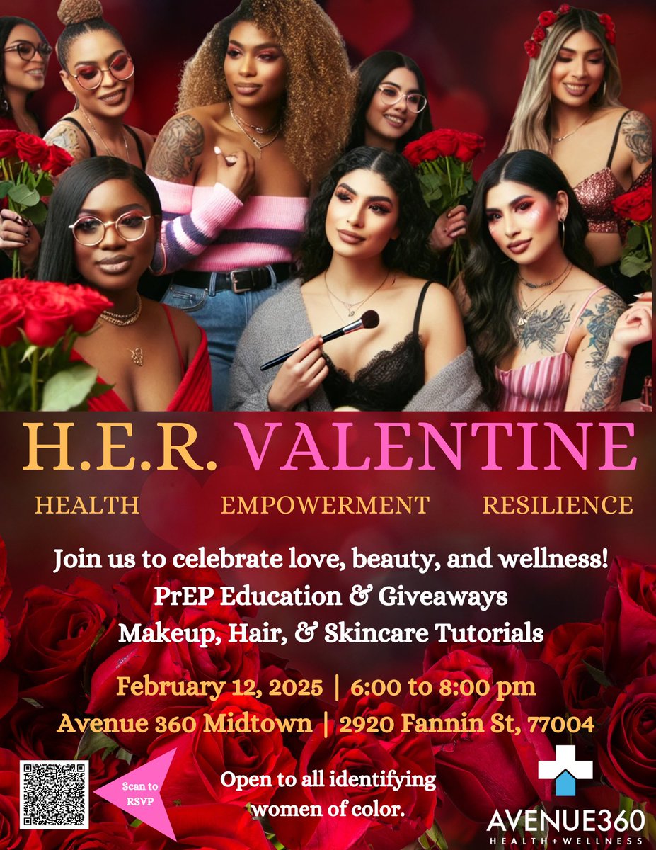 🌹 H.E.R. Valentine: Health, Empowerment, Resilience 🌹

Join us for an empowering evening featuring:
💄 Makeup Tutorials
💇‍♀️ Hair Tips
🌟 Skincare Guidance
💊 PrEP Education
🛍 Giveaways &amp; More

📅 Feb 12, 2025
⏰ 6 PM - 8 PM
📍 2920 Fannin St 
Register: bit.ly/3r6HQfg
