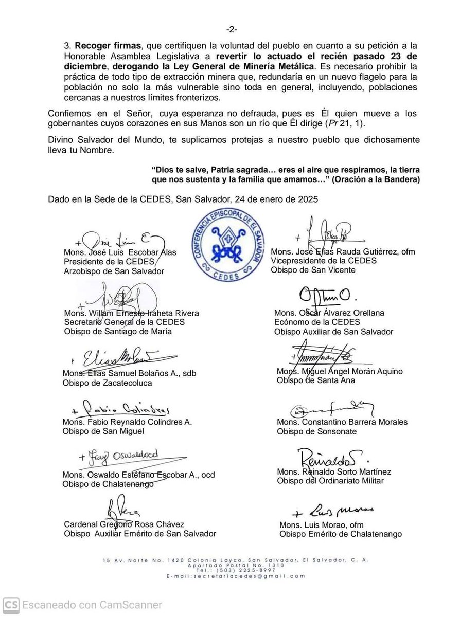 Obispos católicos de El Salvador piden la derogación de la Ley General de Minería y convocan a hacer oración y ayuno. 
Hacen oficial la recolección de firmas, para revertir la decisión del oficialismo de reabrir la explotación minera.

Únete a la campaña y comparte el comunicado.