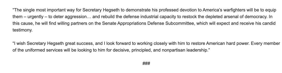 AndrewDesiderio's tweet photo. *Long* McConnell statement on Hegseth. Takes aim at core arguments Hegseth made at his hearing.

“Mere desire to be a ‘change agent’ is not enough to fill these shoes. And ‘dust on boots’ fails even to distinguish this nominee from multiple predecessors of the last decade. Nor is it a precondition for success.”