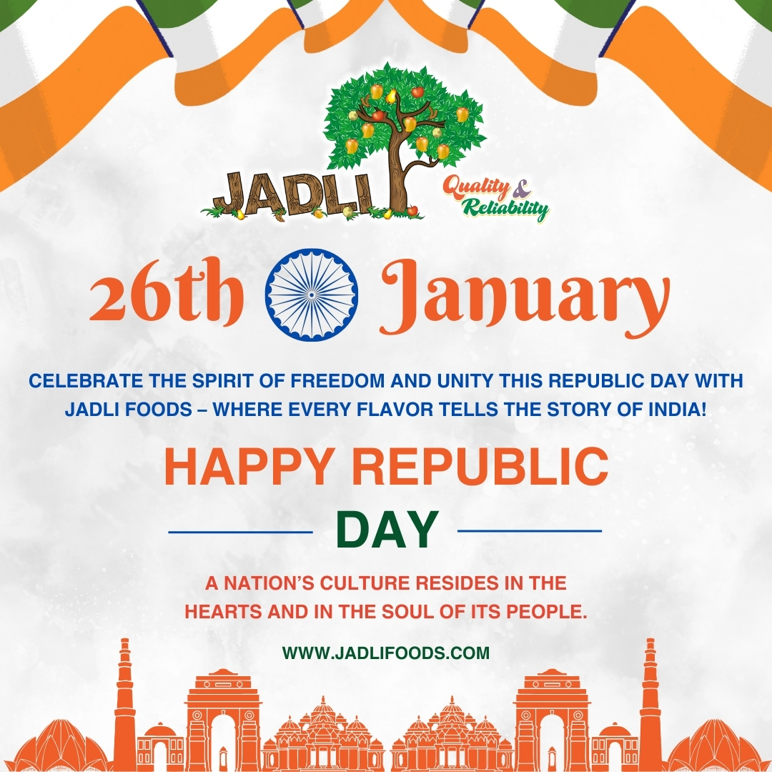 FoodsJadli's tweet photo. Jadli Foods extends heartfelt wishes to every Indian on the 76th Republic Day! 🇮🇳
This Republic Day, let’s celebrate the essence of India—vibrant, flavorful, and full of life—just like the quality fruit pulp and concentrate we bring to your industry needs.
#RepublicDay #26January https://t.co/fKfH5uMhWI
