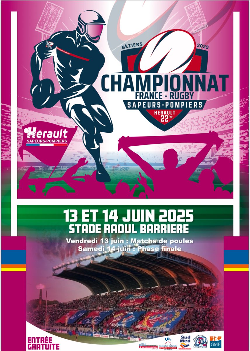 #Happy|| ℹ️Pour les amoureux de l'ovalie le championnat de France Rugby🏉des <a href="/PompiersFR/">Pompiers de France</a> aura lieu cette année en terre Héraultaise à <a href="/VilleDeBeziers/">Ville de Béziers</a> les 12, 13 &amp; 14 juin 2⃣0⃣2⃣5⃣ 

Les sapeurs-#Pompiers de l'#Hérault vous souhaitent un bon week-end