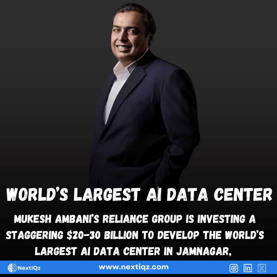 NextIQz's tweet photo. "Reliance is building the world’s largest AI data center in Jamnagar with a $20-30B investment! This will position India as a global AI leader. What does this mean for startups? Share below!
#NextIQz #Reliance #AIRevolution #TechGrowth #IndiaStartups" https://t.co/xrmMg8MT8T