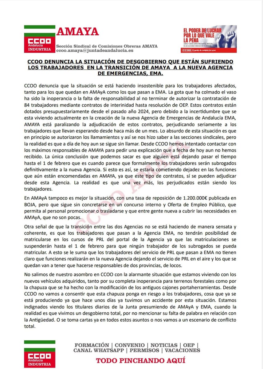 CCOO AMAYA (@ccooamaya) on Twitter photo Por muchos titulares y frases grandilocuentes que lancen en prensa o en redes, la creación de la Agencia de Emergencias está siendo un desastre y como siempre lo pagamos los trabajador@s de <a href="/AndaluciaAMAyA/">AMAyA</a> <a href="/Plan_INFOCA/">EMA INFOCA</a> <a href="/antoniosanz/">Antonio Sanz Cabello</a> <a href="/LinaGarcia_AND/">Catalina García</a> <a href="/RamonFPM/">Ramón Fernández-Pacheco M</a> Por muchos titulares y frases grandilocuentes que lancen en prensa o en redes, la creación de la Agencia de Emergencias está siendo un desastre y como siempre lo pagamos los trabajador@s de <a href="/AndaluciaAMAyA/">AMAyA</a> <a href="/Plan_INFOCA/">EMA INFOCA</a> <a href="/antoniosanz/">Antonio Sanz Cabello</a> <a href="/LinaGarcia_AND/">Catalina García</a> <a href="/RamonFPM/">Ramón Fernández-Pacheco M</a>
