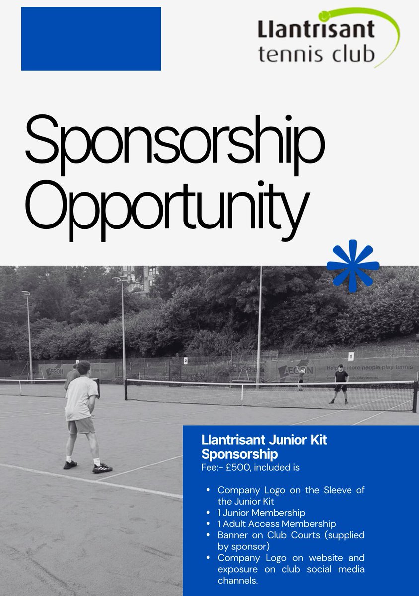 Llantrisant Tennis Club Junior Section Kit Sponsorship Opportunity! 🎾

Contact 07931777735 to discuss. 🤝