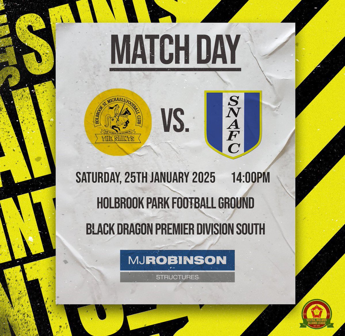 ⚽️ It’s match day! ⚔️

🆚 <a href="/officialshiners/">South Normanton Athletic FC</a> 
🏟️ Holbrook Park Football Ground
⏰ 14:00PM
🏆 <a href="/CentralMidsAll/">⚽️ Central Midlands Alliance ⚽️</a>

Sponsored by <a href="/MJRobinsonStruc/">MJ Robinson Structures</a>.