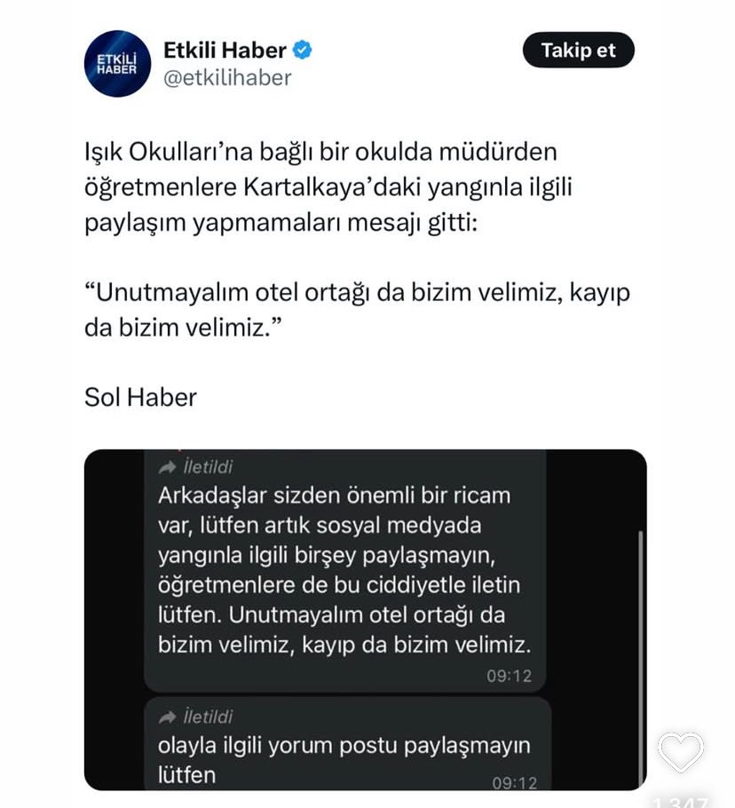 SSavasc06's tweet photo. Fmv Işık okullarında rezillikler bitmek bilmiyor.
Bu sefer ciğerimizi yakan Kartalkaya yangını ile ilgili Okul müdüründen öğretmenlere atılan mesaj sosyal medyada geniş yankı buldu.
@fmvisikokullari bir açıklama yapacak mısınız ? https://t.co/t1LTQe4whO