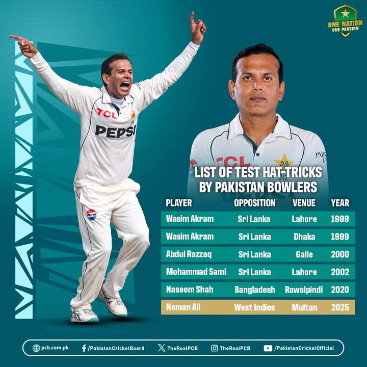 Noman Ali joins an exclusive club ✨

The first spinner and 5️⃣th bowler from Pakistan to achieve a Test hat-trick 🇵🇰🏅