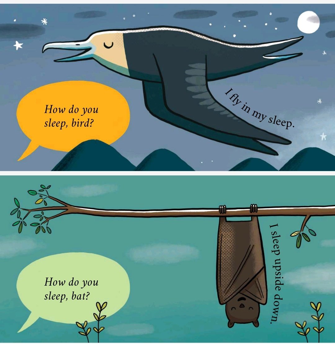 Ketemu website yang isinya cerita anak-anak lagi. Salah satunya ada buku "How do you sleep?"

Isinya nanyain hewan-hewan, mereka ini tidurnya gimana sih? 😄 Teksnya dikit, gambarnya full warna. Kayaknya dicetak terus dibacain ke anak-anak sebelum tidur cocok banget! 🫶🏻