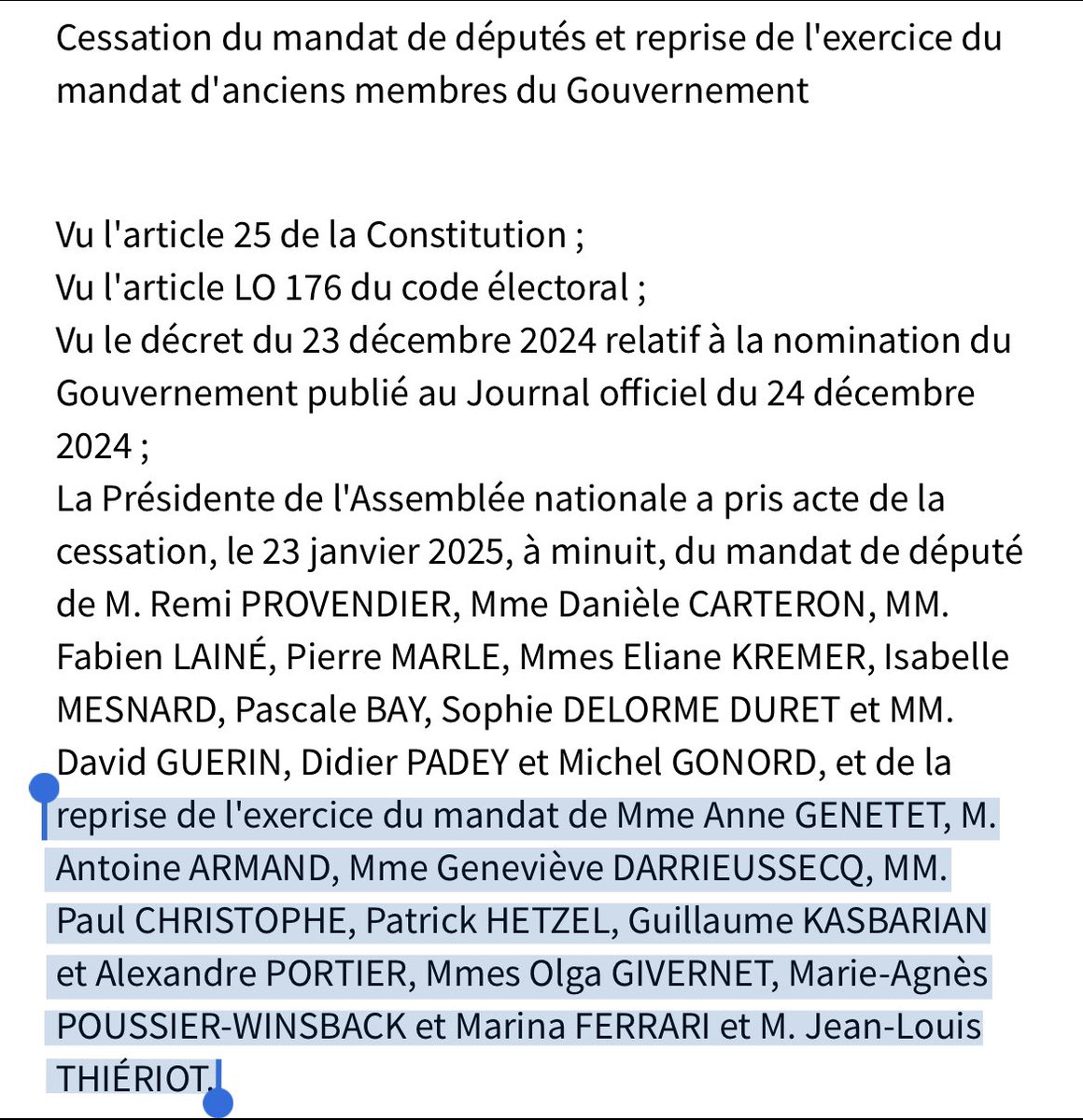 11 ex-ministres du gouvernement Barnier font officiellement leur retour à l'#AssembleeNationale : Genetet, Armand,Darrieussecq,Christophe, Hetzel,Kasbarian,Portier,Givernet, Poussier-Winsback,Ferrari et Thiériot. La reprise de leur mandat a été actée au #JORF ce matin #DirectAN