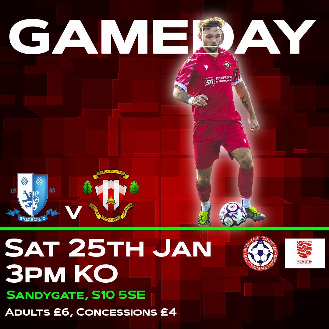 𝗚𝗔𝗠𝗘𝗗𝗔𝗬 🔴⚪

Back on the road today as we head to south to Sandygate to face <a href="/hallamfc1860/">Hallam FC</a>

Once again all travelling support for the #Dennyboys appreciated for this important match!

#ThackleyAFC