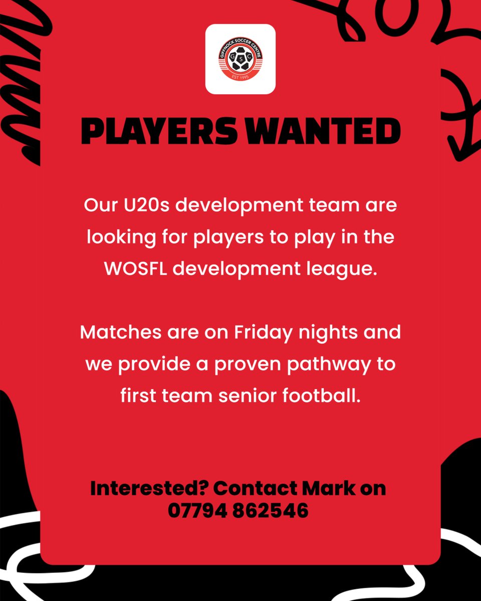 Giffnock_SC's tweet photo. 𝗣𝗟𝗔𝗬𝗘𝗥𝗦 𝗪𝗔𝗡𝗧𝗘𝗗 🔴⚽⚫ 

Our U20s development team are looking for players to play in the WOSFL development league. Matches are on Friday nights and we provide a proven pathway to first team senior football 📈 

Interested? Contact Mark on 07794 862546 📲 

#gscfamily https://t.co/gg0wTMZkQG