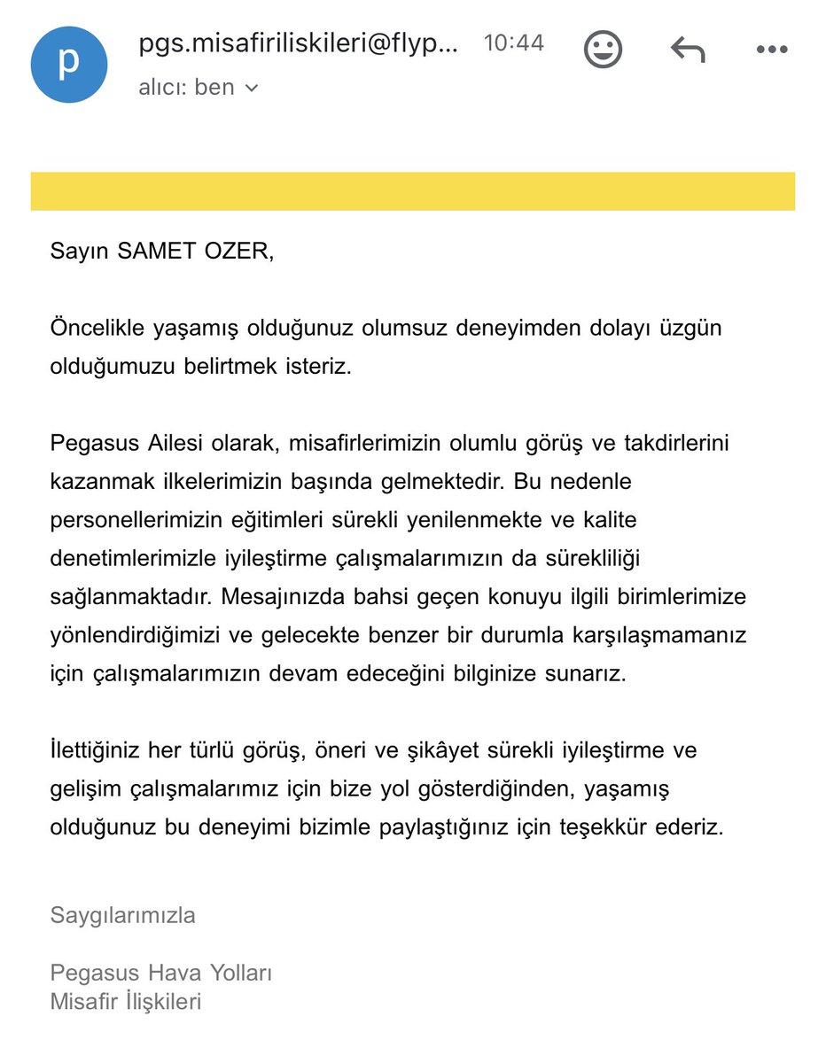 Şikayetimin 15 günlük araştırması sonucunda yaşadıklarımla ilgili dönüş. Oh be içim rahatladı üzgün olduğunuzu duyunca (!) Siz de Pegasus çalışanlarıyla kötü bir deneyim yaşar para/zaman kaybederseniz üşenmeyin yazın çok iyi geliyor <a href="/flymepegasus/">Pegasus Airlines</a> <a href="/ucurbenipegasus/">Pegasus Hava Yolları</a> <a href="/pegasusdestek/">PegasusDestek</a>