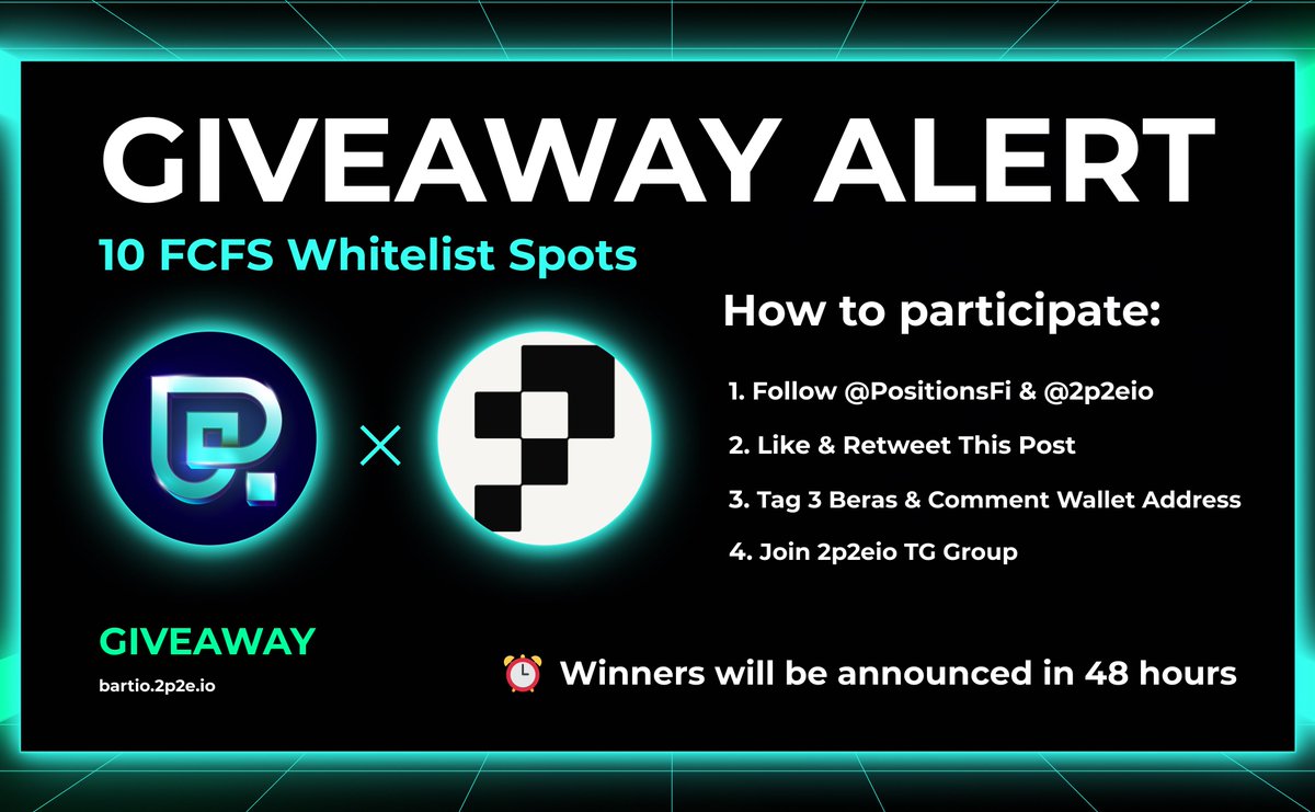 Welcome to our new friend, <a href="/PositionsFi/">Positions Finance</a>!

To celebrate, we’re giving away 10 FCFS PoziBera spots! 

How to participate:
1⃣ Follow  <a href="/2p2eio/">2p2e</a> &amp; <a href="/PositionsFi/">Positions Finance</a> 
2⃣ Like &amp; Retweet
3⃣ Tag 3 beras &amp; Comment your wallet address
4⃣ Join telegram: t.me/tg2p2e

More spots are