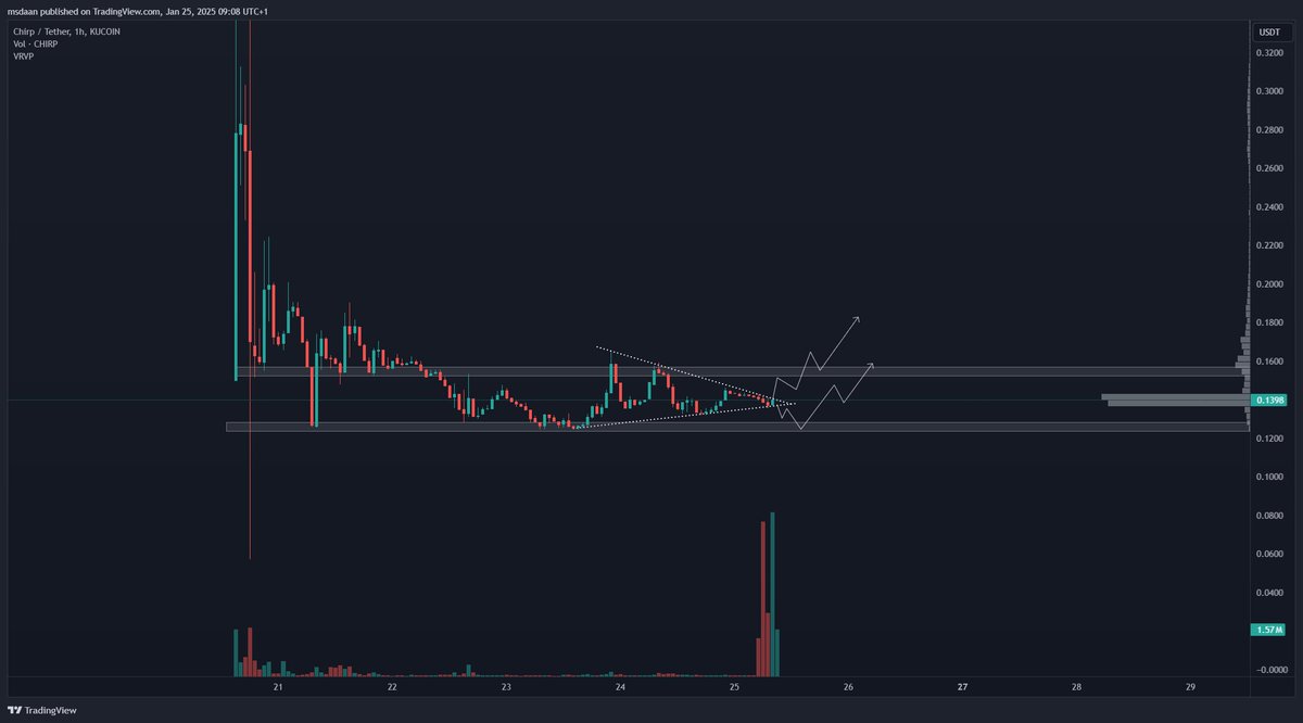 Daan618crypto's tweet photo. Time for some technical updates of #Bitcoin and the  #Altcoins. Let's also take a look at our most recent investments @ChirpDeWi and @GPTWars 🪙🤖🐂

$BTC: Trump is finally in office and since then, the price is kinda stable around 104k$. However, judging from the charts and PA, I think we will have a minor pullback first before trying to push for new highs. The scenario I am watching is the retest of the fib 0.236, where we also have a good chunk of volume (see VPVR) and also where we likely coincide with the MA-200 on the 8hr.  

$ALTS: Here I think we will have a bounce soon and we will follow the scenario drawn! I do think the #altcoins will have strong moves the next few weeks/months. My personal next target for the short-term is the ATH, followed by the the 2T zone. However, if we fall below the trendline, I will be watching this longterm key S/R zone for a bounce. #Bullish. 

$CHIRP This project with a strong product and usecase  has launched recently and I do think the 0.13$ was the bottom, the private investors & airdroppers got their tokens and are done selling and the chart confirms this. At this moment we have formed a neutral trianglish pattern and if you were looking for an entry, this might be a nice zone to start a position. Also keep in mind that the 0.13$ might be tested once more but not expecting to fall below that! 0.175$ might be a nice short-term target here.  

$GPTW Also launched recently, this project combines the AI and  gaming narratives. Technically  speaking the chart looks clean and this might be a nice opportunity (with a potential double bottom forming) here as we are at the very low with the RSI moving stable. Next target is obviously the 0.008$ zone.  

Set stop-losses accordingly if you get in for the short-term. Personally a holder here and curious how these projects play out 🔥🔥🔥