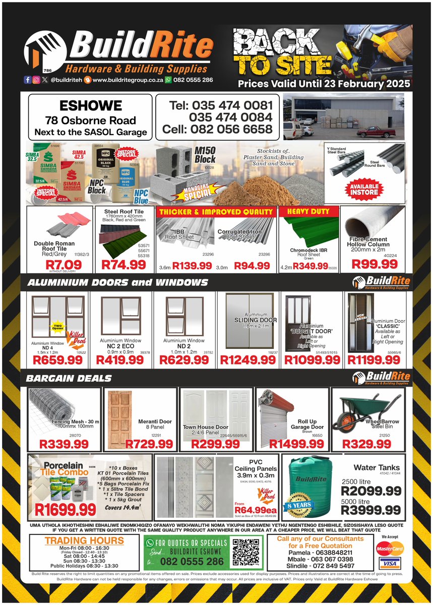 BuildriteH's tweet photo. Build Rite Hardware Back to Site Sale is now on at Eshowe... Are you ready for these Crazy prices and many more Amazing deals!!!😁

#eshowe #Zululand #Eziqwaqweni #Eshowe #kwaMondi #buildrite #buildritehardware #hardware #hardwarestore #affordable #dream https://t.co/vHWwzkxY5j