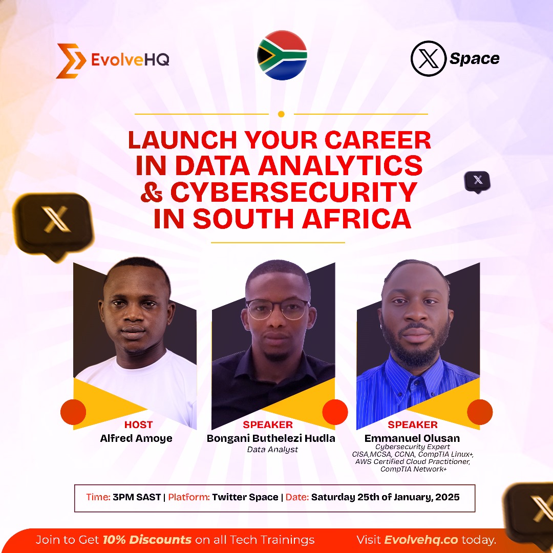 🎙️ Ready to take the first step towards a rewarding career in tech? Join us for an insightful Twitter Space session as we explore pathways into Data Analytics and Cybersecurity!

🗓️ Date: Saturday, 25th January 2025
⏰ Time: 3 PM (SAST)
📍 Platform: Twitter Space
💼 Host: Alfred