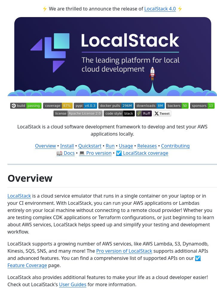 tom_doerr's tweet photo. Local AWS services emulator https://t.co/oDnjwwjgZK
