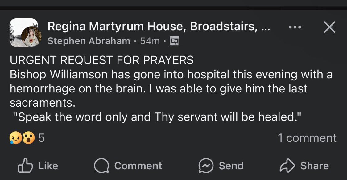 Traditional Catholic Bishop Richard Williamson has been hospitalized with haemorrhage on his brain and was able to receive the last sacraments.

In your charity, please pray for his health and soul.

Follow: <a href="/ThermopylaeNews/">Thermopylae</a>