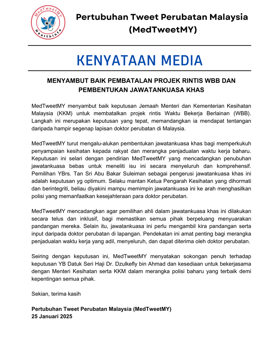 Kenyataan Media MedTweetMY 
25 Januari 2025

MedTweetMY Menyambut Baik Pembatalan Projek Rintis WBB dan Pembentukan Jawatankuasa Khas