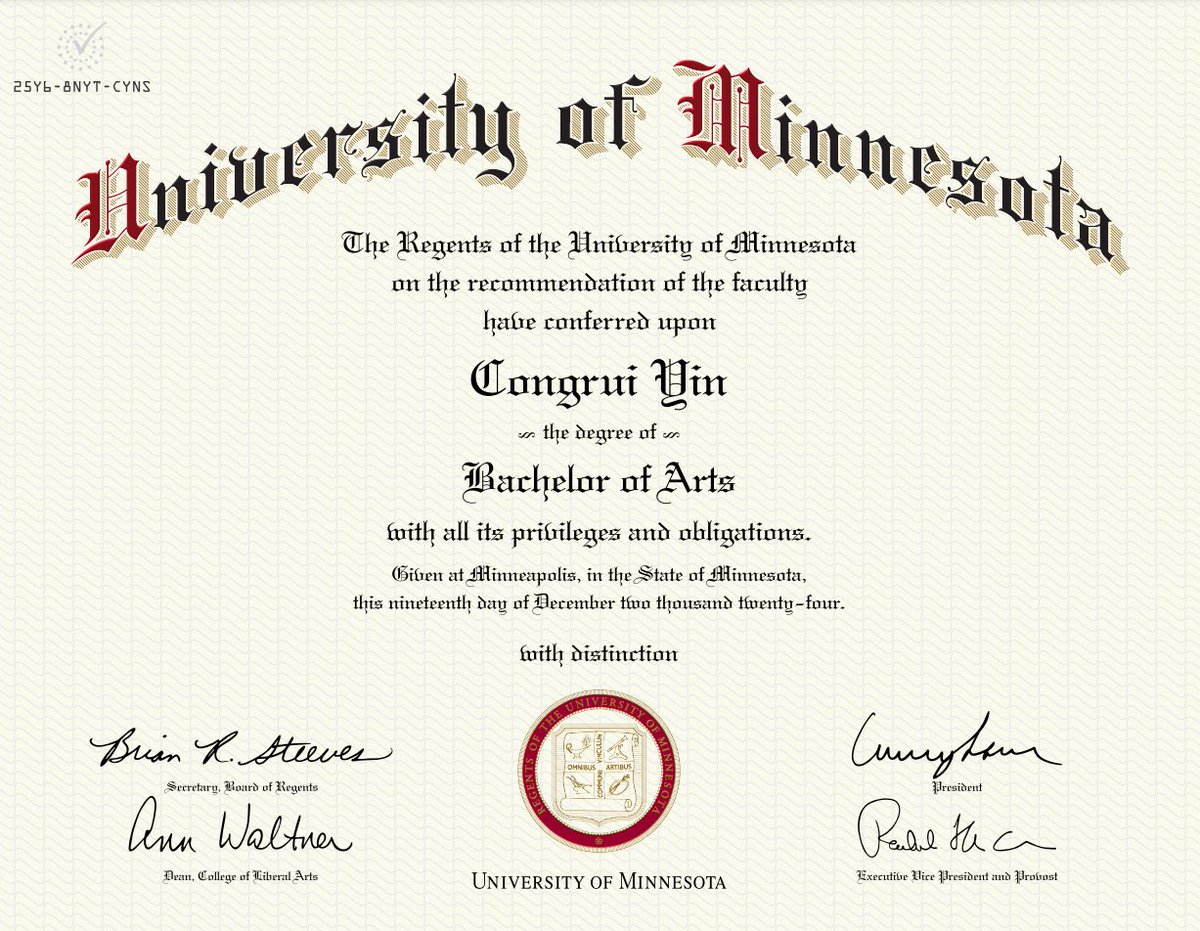 JerryYin777's tweet photo. I’m incredibly excited that I have officially earned my Bachelor of Arts in 
Computer Science with Distinction at UMN!

I’m grateful for my experience. It has been a wonderful journey, and I think I will remember everything about this place (except for the extremely cold lol). https://t.co/5ASP2oB2GV