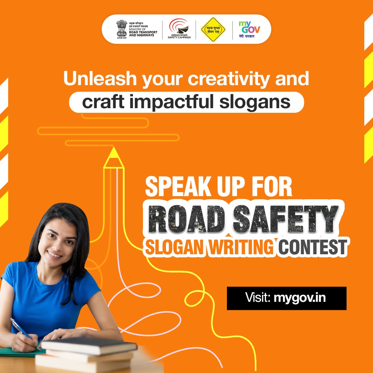 mygovindia's tweet image. Speak up for Road Safety! 

Join the Speak Up for Road Safety - Slogan Writing Contest and help raise awareness on the importance of road safety

Visit: mygov.in/task/speak-roa…

#RoadSafety 
#SloganWriting

@MORTHIndia