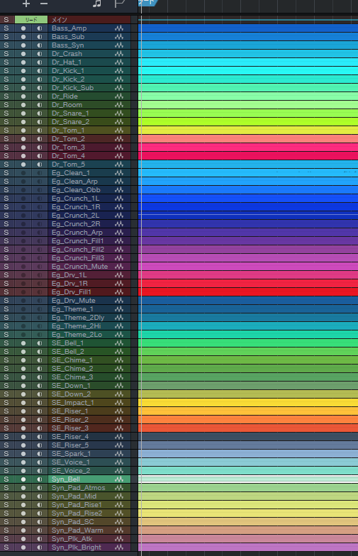 パラデータの名前の付け方の見本のようなファイルが届いた。最高にいい気分でミックス始められる
インポートしてすぐこの並びだぜ
