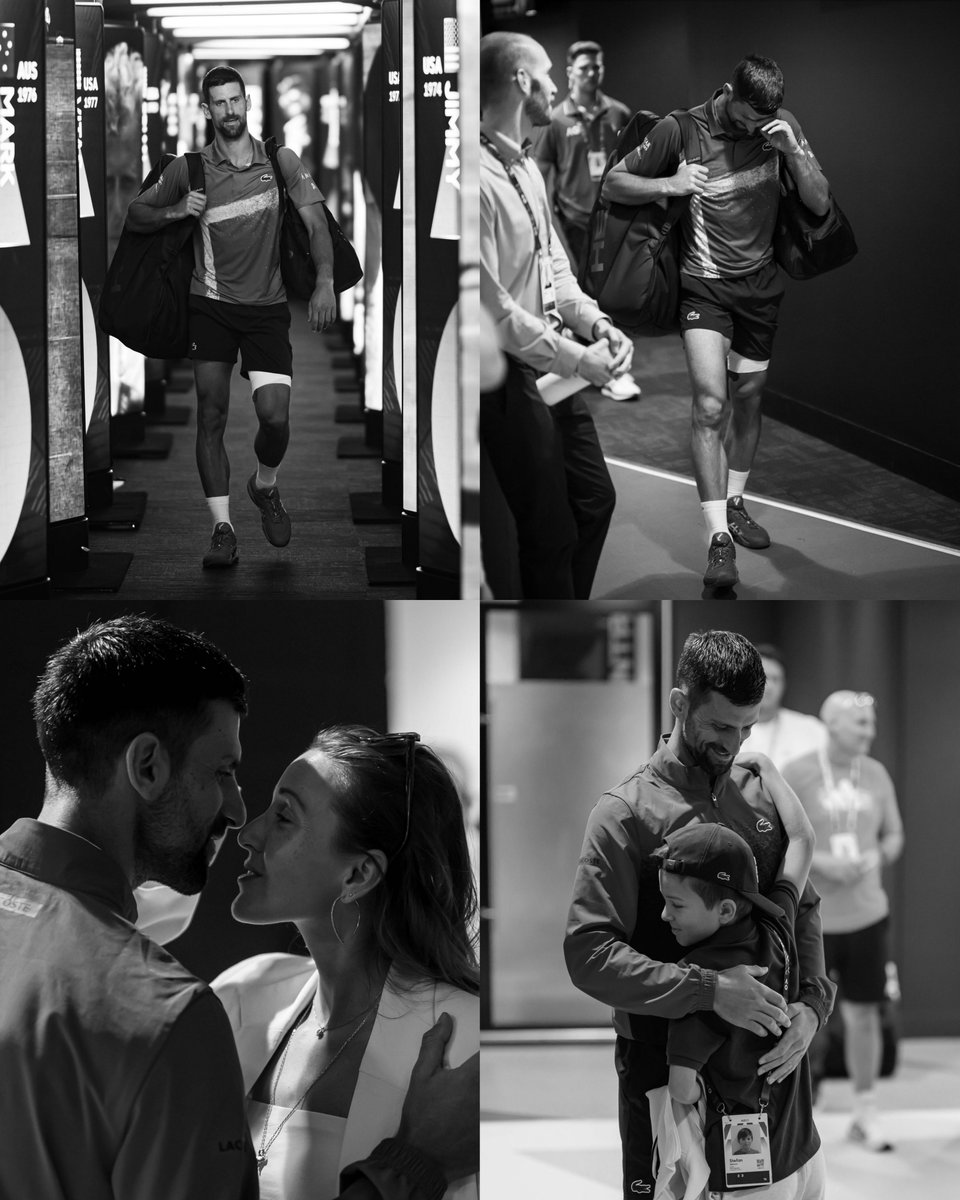 Novak Djokovic walking off the court and reuniting with his family after having to retire to Zverev yesterday.

What a photo series.

📸 jamglyphoto/IG