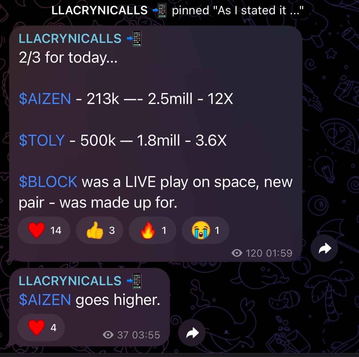 llacryn's tweet photo. $AIZEN - 213k… 

Higher. 

Take your profits &amp; hold your bags… 

I said it, 

It occurred.  

- llacryn https://t.co/2BoRM8y2O8