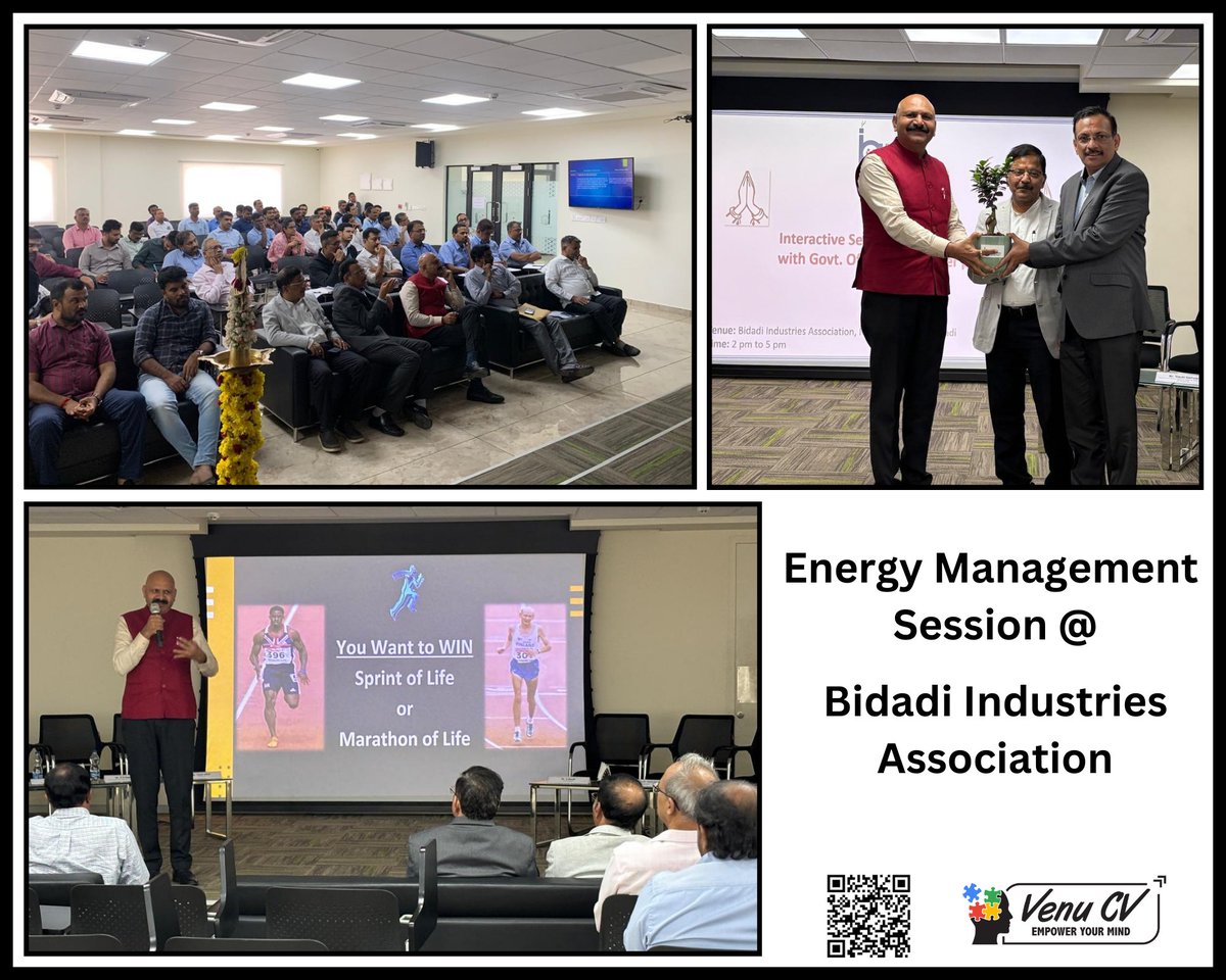 author_venucv's tweet photo. "Having all the time in the world means little if you lack the energy to make it count."
π Session on Energy Management at Bidadi Industries Association (BIA)
#venu #venucv #author #mindcoach #productivitycoach #MemoryTrainer #EmpoweringMinds #successmindset #designthinking https://t.co/O6lTFEAFFY