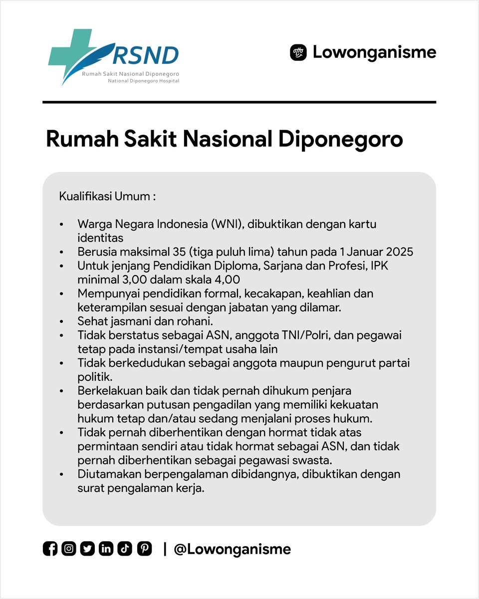lowonganisme's tweet photo. Lowongan Kerja Rumah Sakit Nasional Diponegoro
Posisi :
Rekrutmen Pegawai Mitra (72 Formasi) :
Untuk apply klik di slide terakhir.
#joblevel #jobgrade #jobrank #jobstatus #jobclass #rsnd #rumahsakitdiponegoro #bumn #cpns #pns https://t.co/IPQzfqj75G