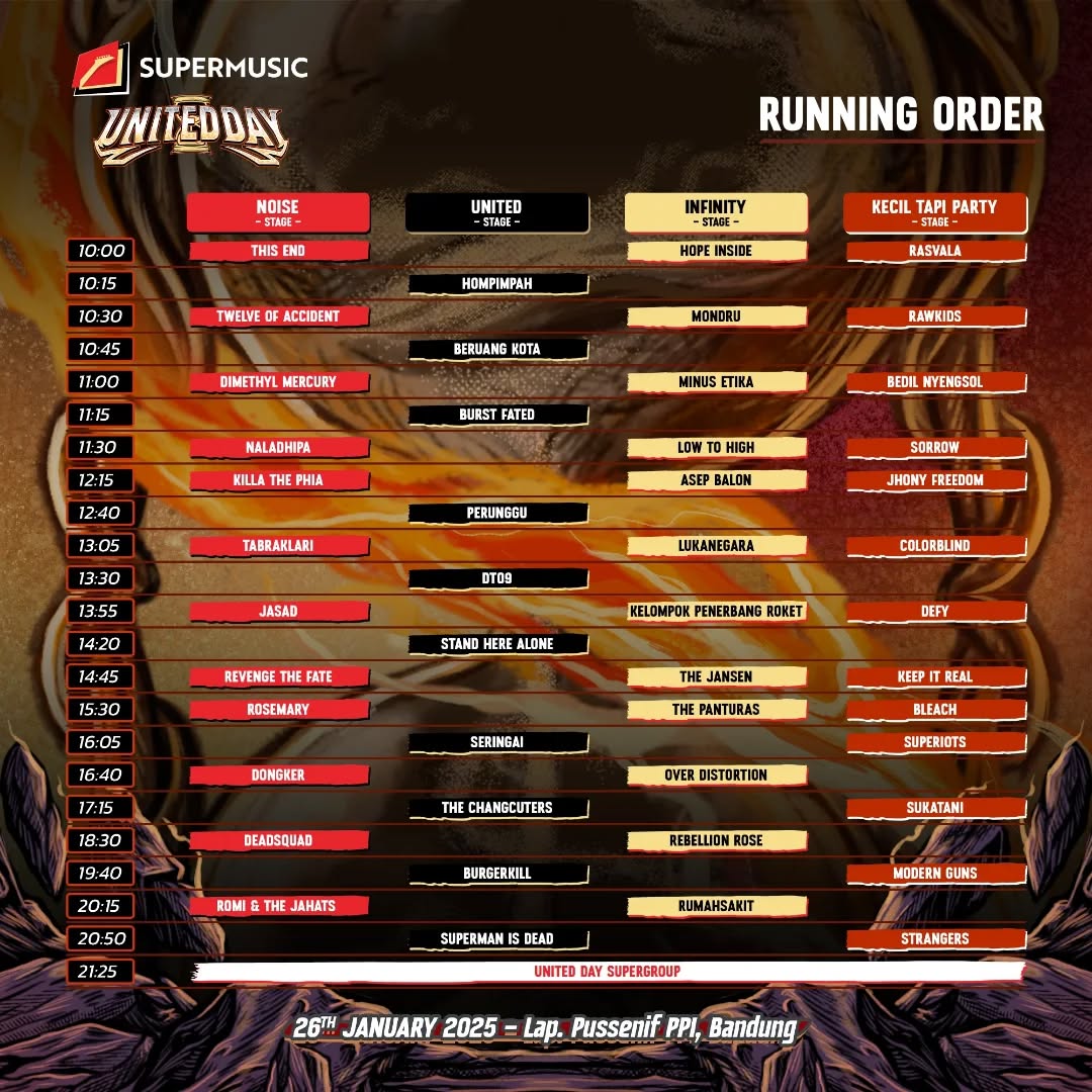 Selamat merayakan libur yang luar biasa Squad. Lord <a href="/puputputceh/">Adi Saputra</a> akan menunggu kalian di United Stage bersama @burgerkillofficial dan Kecil Tapi Party Stage bersama <a href="/strangers_ina/">S̶☨̶R̶A̶N̶G̶E̶R̶S̶</a> di @supermusic_id United 8 besok 26 Januari 2025. Rayakaaaaaaan! 🤘

#burgerkill 
#strangers