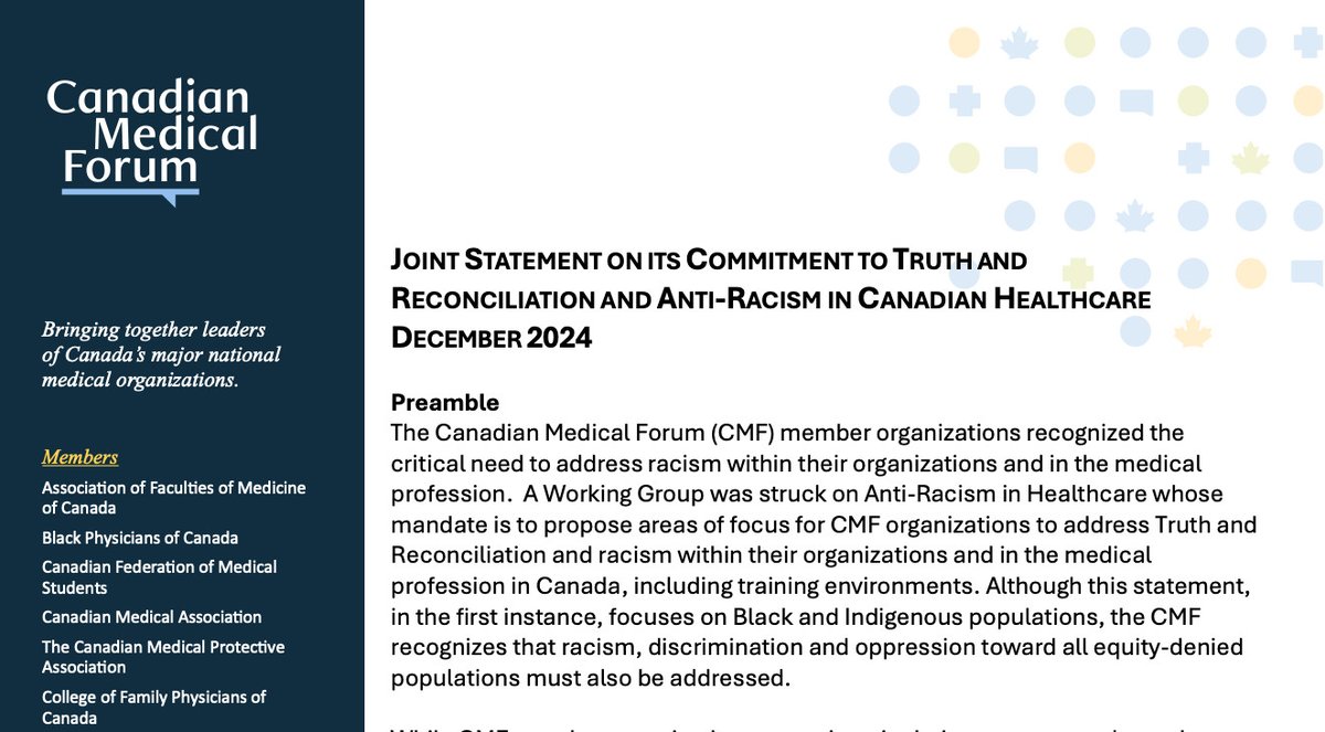 The Canadian Medical Forum released a joint statement on its commitment to Truth and Reconciliation and Anti-Racism in Canadian Healthcare. We applaud the leadership of the Forum and support the ongoing work in anti-Black racism and Truth and Reconciliation.
