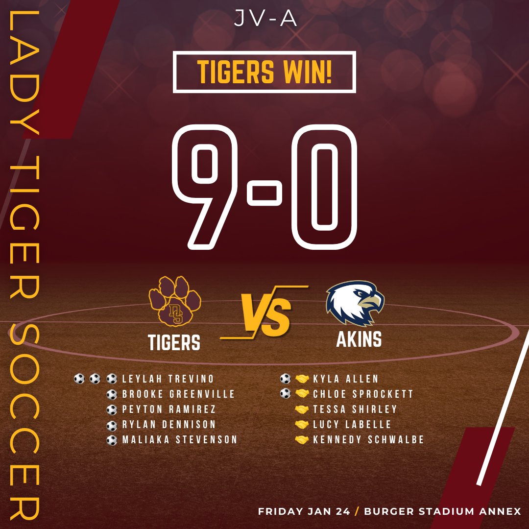 DSWomensSoccer's tweet photo. Lady Tigers start district 26-6A play with a 4-0 WIN over Akins.

Varsity WINS 4-0!

JVA WINS 9-0!

Next up... Lady Tigers return home Tuesday against Austin HS.

GO TIGERS! ⚽ https://t.co/d9iTNEzNY7