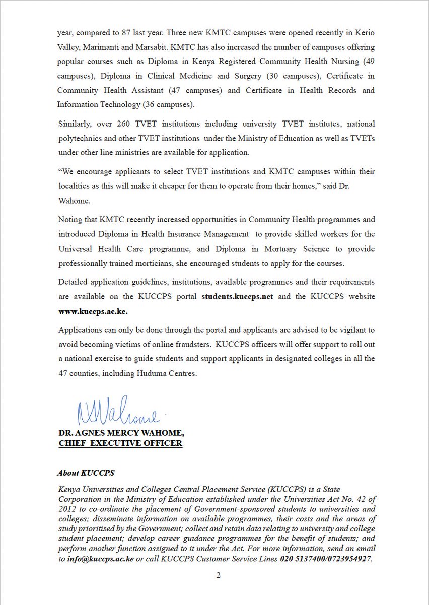 kenyayote1's tweet photo. KUCCPS has announced that it has opened its portal for KCSE 2000 to 2024 students to apply for various courses in KMTC and TVET. 

For those who scored a C-  and above in KCSE, cannot join KMTC, you can still pursue a rewarding career in healthcare field at Wilkista College https://t.co/OEUBc6AbIm