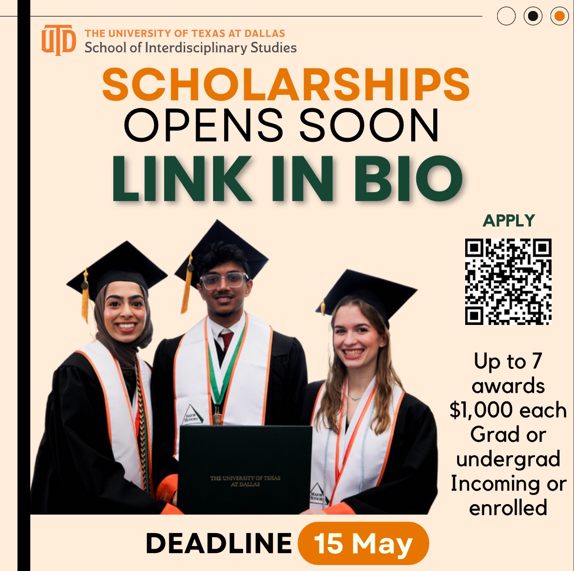 utdallas_is's tweet image. IS students, applications for scholarships open Feb 1! Up to 7 awards of $1,000 are available for undergrad &amp;amp; grad students (incoming or enrolled). 

Deadline: May 15
Apply starting Feb 1! Link will be in bio.
#UTDIS #Scholarship #interdisciplinarystudies