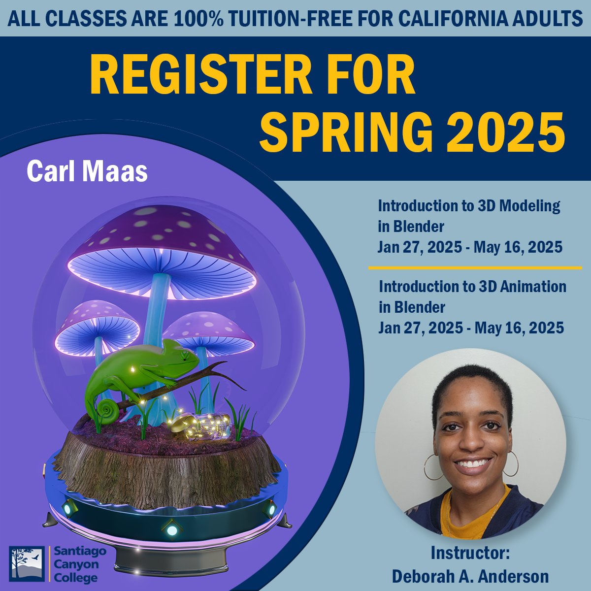 blkwmnanimator's tweet photo. Are you interested in learning Blender for 3D modeling or 3D animation? I'm teaching those classes! The classes are FREE for California residents! 

This is an ONLINE class!

Here's how you can register:
SCC-Continuing Ed. Instant Enrollment Landing Page
https://t.co/DfMJ5gQJ6j https://t.co/zXZcdgv9ai