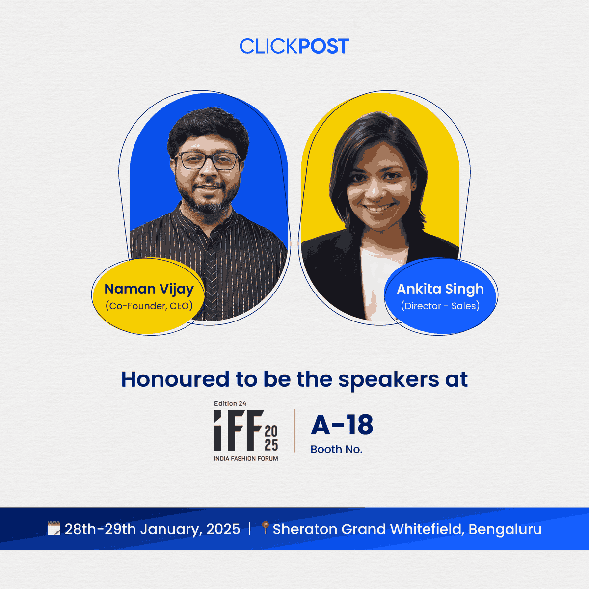 ClickPostTech's tweet image. 🎤 Exciting update! Naman & Ankita from ClickPost will speak at IFF 2025 about how logistics innovation meets fashion retail challenges—returns, exchanges, and beyond!
📍 Booth #A18, Sheraton Grand Whitefield, Bengaluru
📅 28-29 Jan
Don’t miss it!
#IFF2025