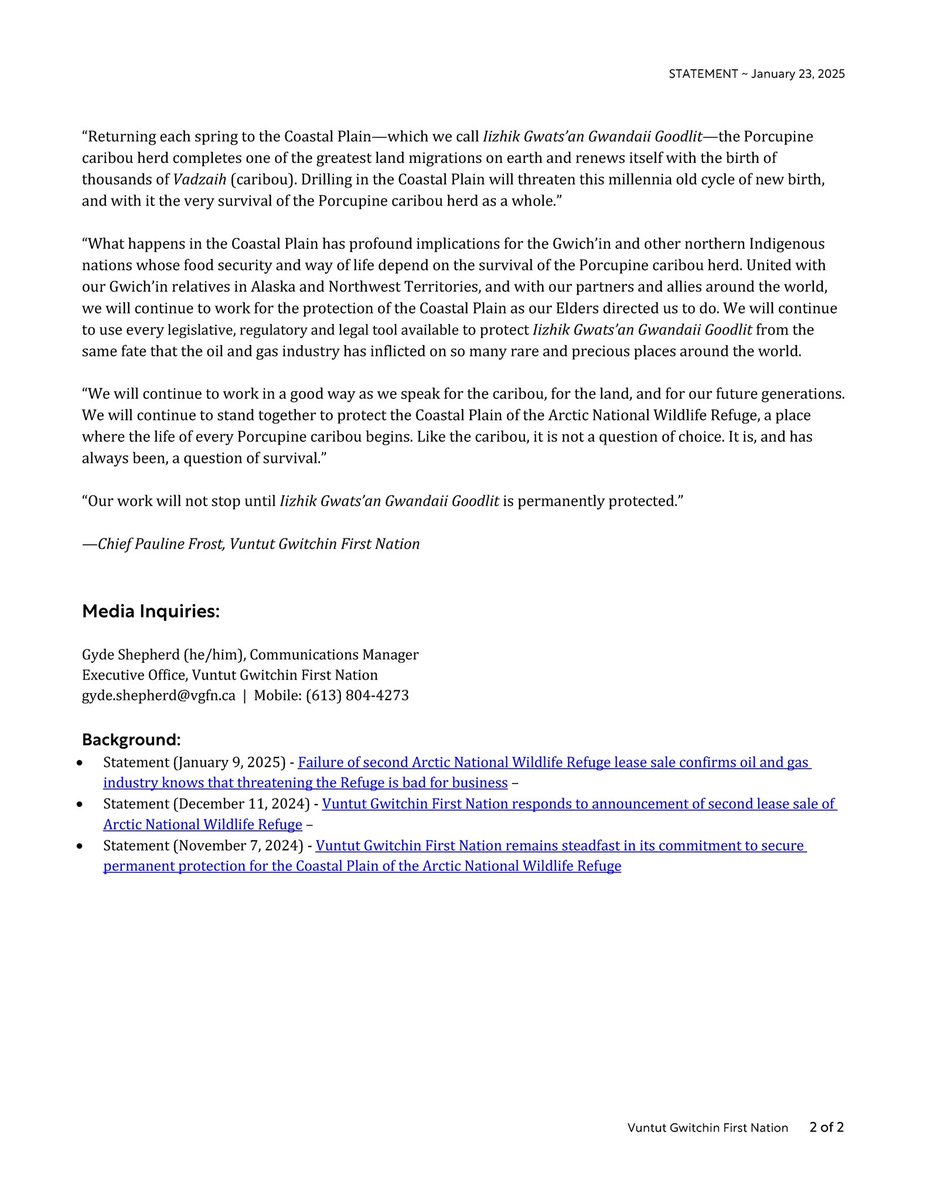 Our work will not stop until Iizhik Gwats’an Gwandaii Goodlit (The Sacred Place Where Life Begins) is permanently protected.

#ProtectTheArctic #StandWithTheGwichin #ACaribouPeople
