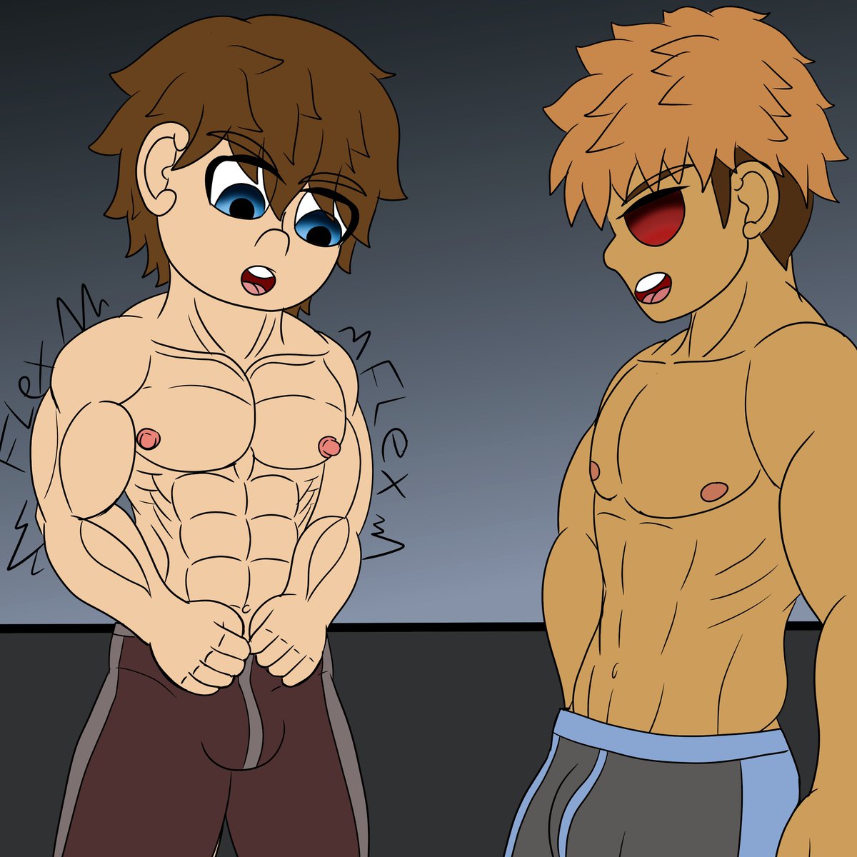 arubazuxubarazu's tweet photo. Here is a new doodle i made, the idea, A boy is flexing at his best friend trying to show off his new gotten gains. An while they are impressive, his friend isnt as impressed being that he's still terrible at the games they play and new muscles aint gonna help. https://t.co/IuXPIgyXVD