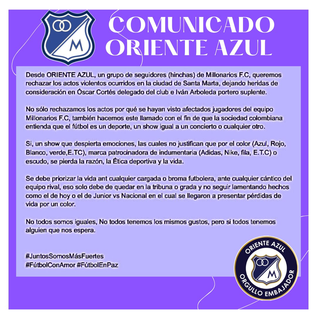 ORIENTEAZUL_MFC's tweet photo. #FútbolEnPaz #FútbolConAmor #JUNTOSSOMOSMÁSFUERTES #Millonarios #Millos #ORIENTEAZUL https://t.co/xjKR6DjoXx