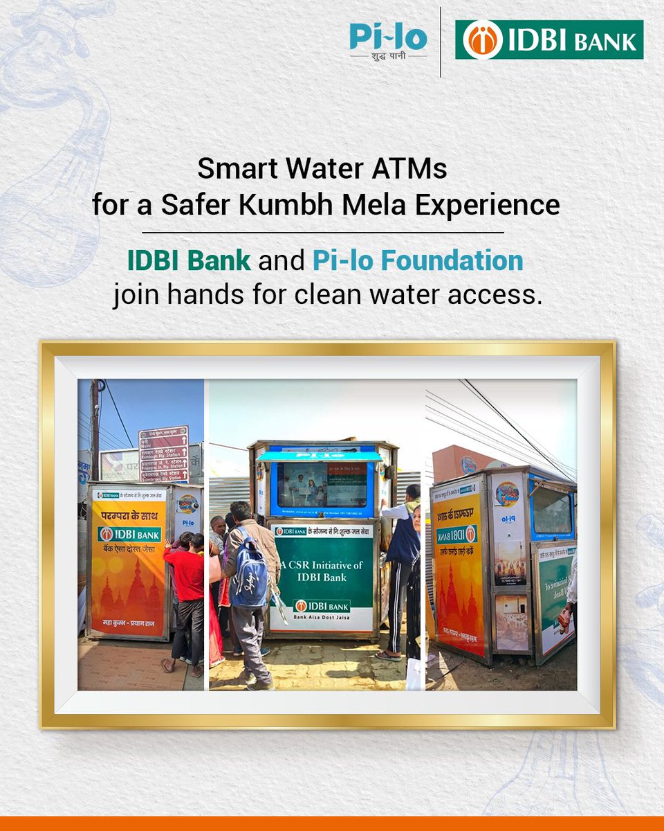 IDBI_Bank's tweet photo. IDBI Bank teams up with Pi-lo Foundation as a CSR initiative to offer access to clean drinking water at Kumbh Mela 2025 through smart water ATMs.
#IDBIBank #PiLoFoundation #CSRInitiative #CleanWater #KumbhMela2025 #MahaKumbh2025 https://t.co/THYaOZpun6