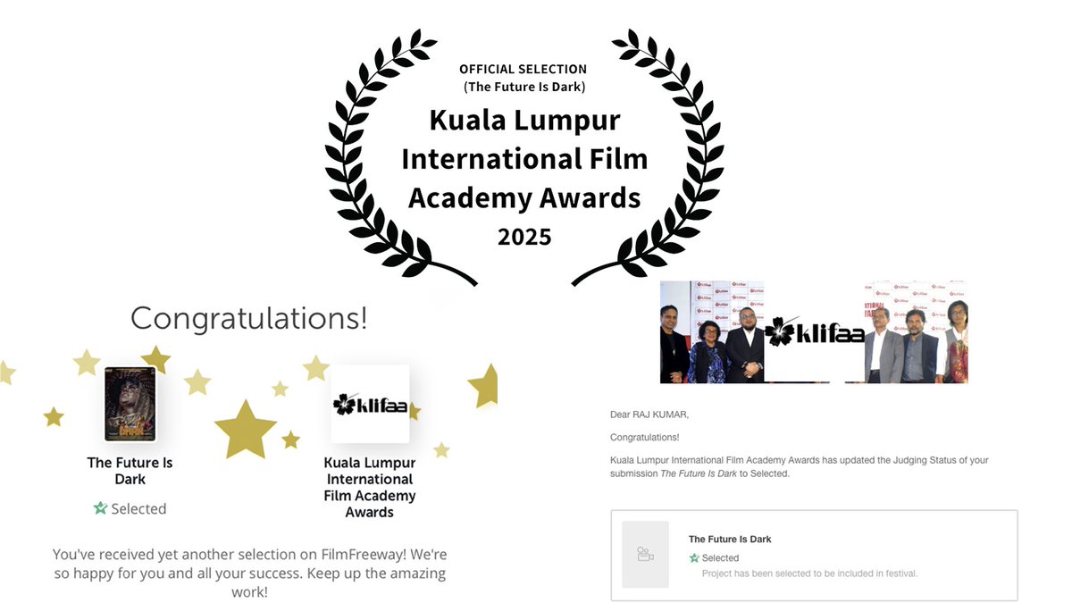 raaj_raj69's tweet photo. Congratulations to the entire cast and crew of The Future is Dark! Our film's selection at the Kuala Lumpur International Film Academy Awards 2024 is a testament to everyone’s hard work, dedication, and passion. let’s shine on this global platform..जय माता दी 🙏 @mumbaipriya361 https://t.co/6oTINXbrSS