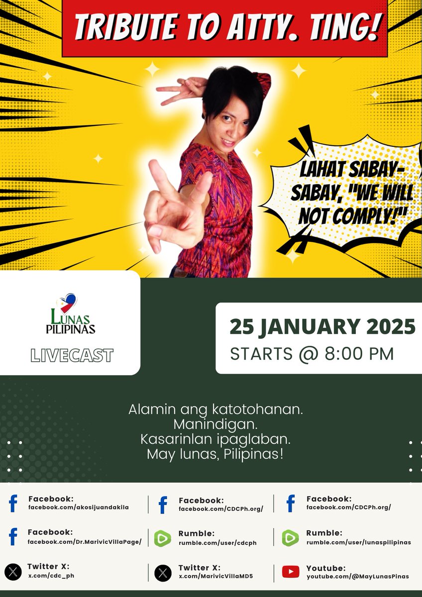 cdc_ph's tweet photo. Lunas Pilipinas (012525) - Tribute to Atty. Ting:
Lahat sabay-sabay, “we will not comply!”

Ngayong Sabado, sabay-sabay nating sariwain ang laban kasama si Atty. Ting noong siya'y nabubuhay pa. Sama-sama tayong manindigan—“We will not comply!”

Pag-uusapan natin ang maiinit na isyu:
🔥 US exit mula sa WHO
🔥 Trump ibinabalik ang mga sundalong tinanggal dahil sa COVID vax refusal—may full back pay!
🔥 Biden, pinatawad si Fauci?!
🔥 WEF meltdown sa Davos
🔥 Lokal na galit sa CSE vs. Trump na winasak ang woke ideology sa EO

Huwag palampasin! 

X: https://t.co/ByrEpCX08S

CDCPH Rumble: https://t.co/T3ZPkeI7X2

JD FB Page: https://t.co/pXlOGvthPO

LP Rumble: https://t.co/lFy74egPW0

MVILLA X: https://t.co/iFazIMdGuM

#TributeToAttyTing
#USExitWHO
#WeWillNotComply
#FightForFreedom