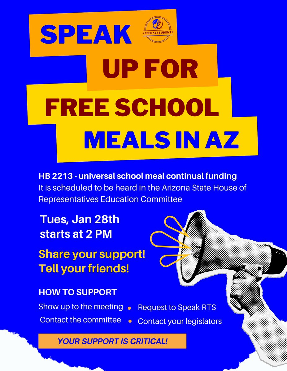 FeedAZStudents's tweet photo. 🚨🚨🚨 ACTION NEEDED! 

Free School Meals bill HB 2213 introduced by Rep. Nancy Gutierrez and co-sponsored by 14 Dem legislators is scheduled to be heard Tues 1/28 2pm.

We need folks to show their support! 📢🎙️✍️ https://t.co/VPULZA7Th7